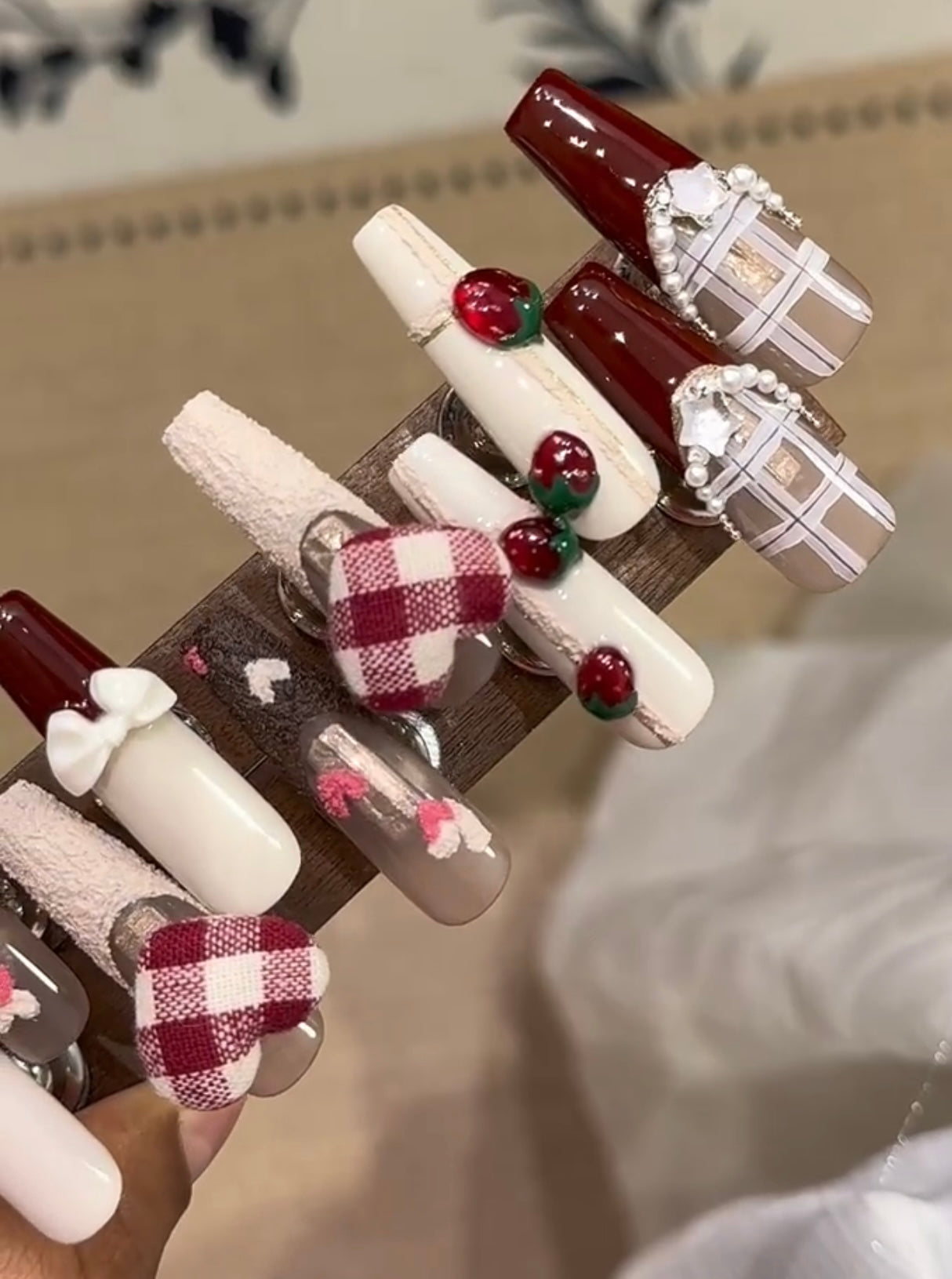 Red plaid strawberry love nails