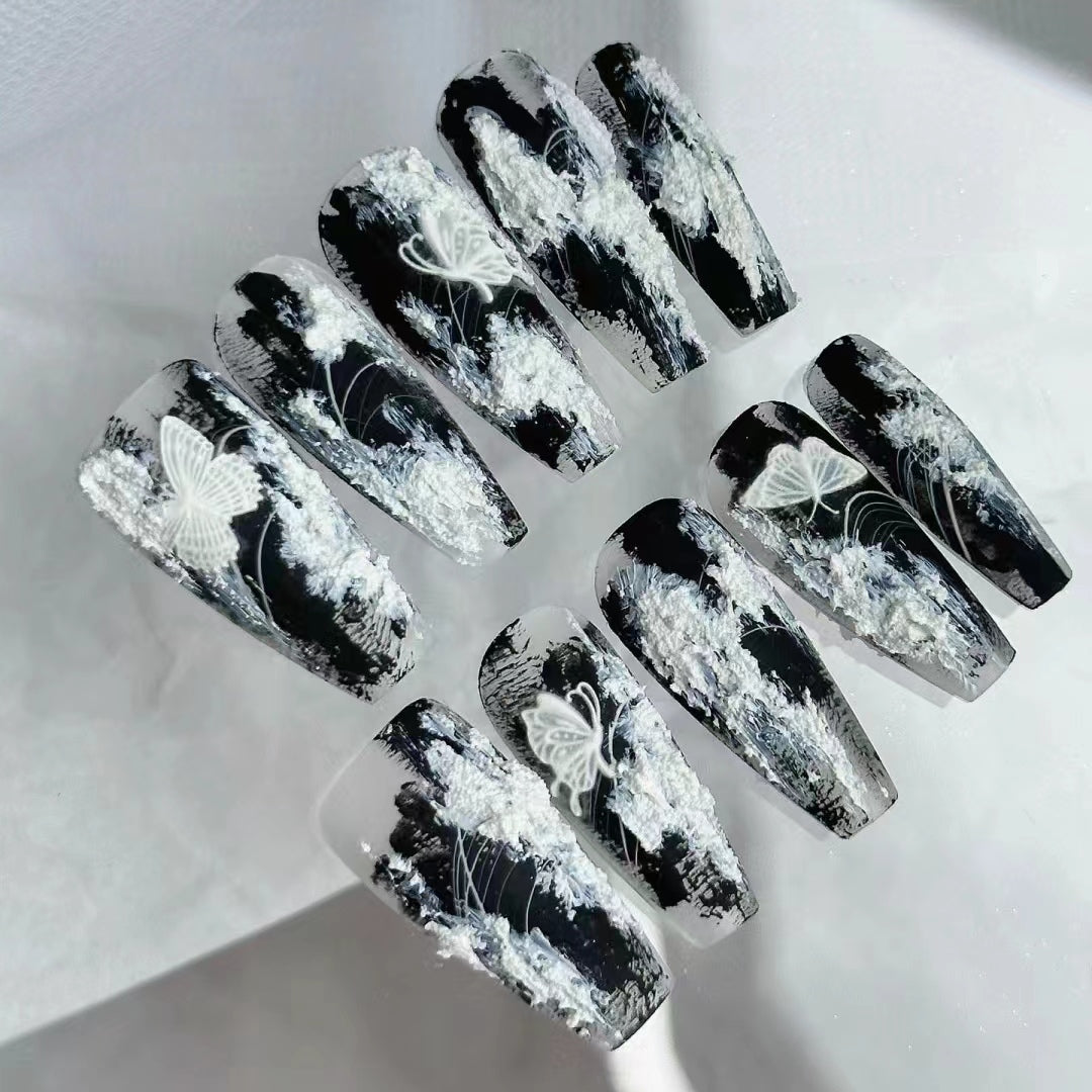 Handmade wearing armor Y2K silver white three-dimensional hand drawn silver chain nail art
