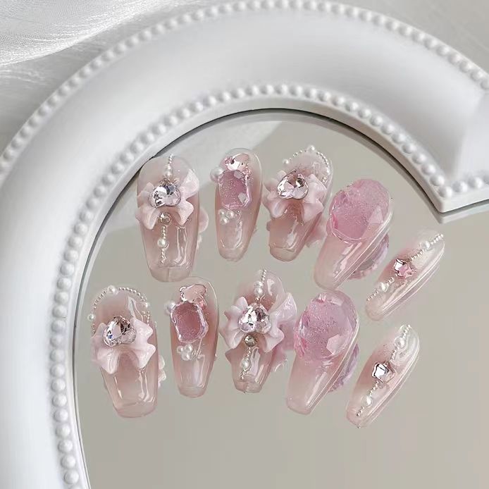 Strawberry crystal | pure hand wear armour steel ball pearl pink powder blusher nail girly bow bottom through diamond flash