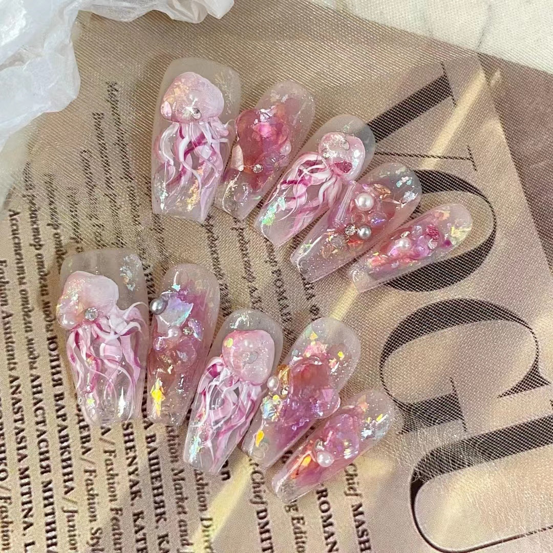 Pure handmade custom wearing nail polish, pure hand-painted jellyfish nail patch, nail patch, finished product, detachable