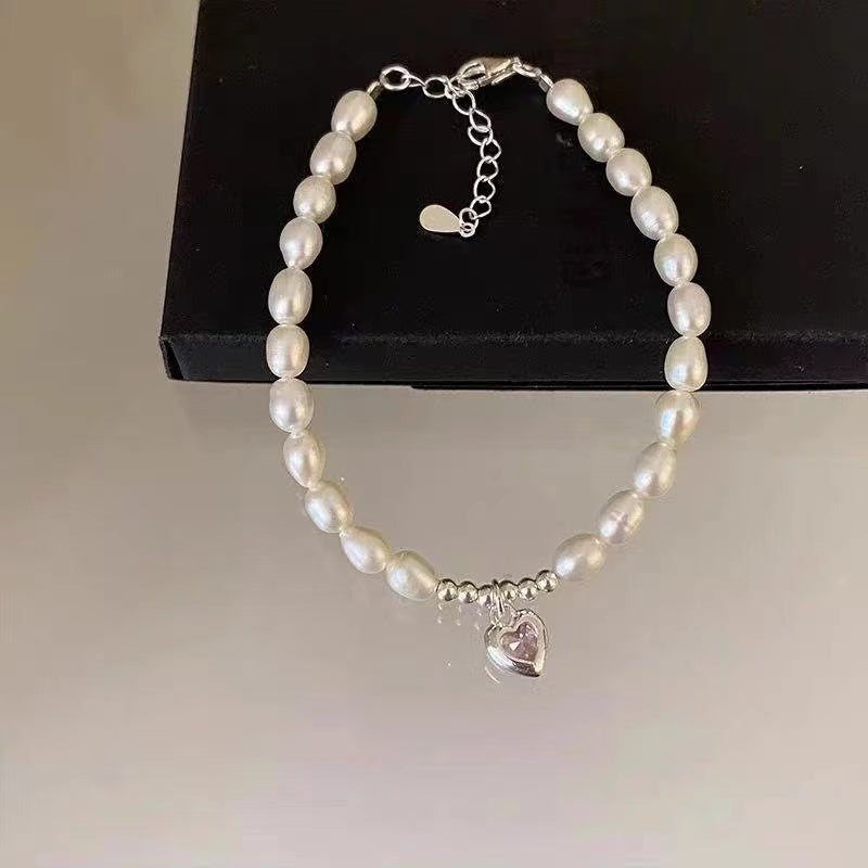 Handmade 925 sterling silver natural pearl bracelet women's zircon love niche design temperament versatile Internet celebrity trend