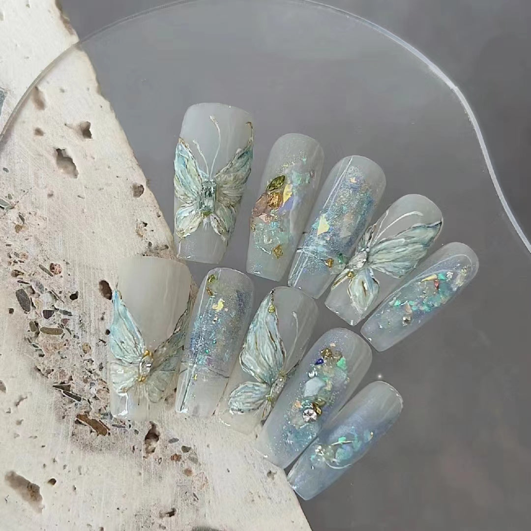 Blue nail butterfly sticker 2024 new high-end dopamine 3D relief white liquid
