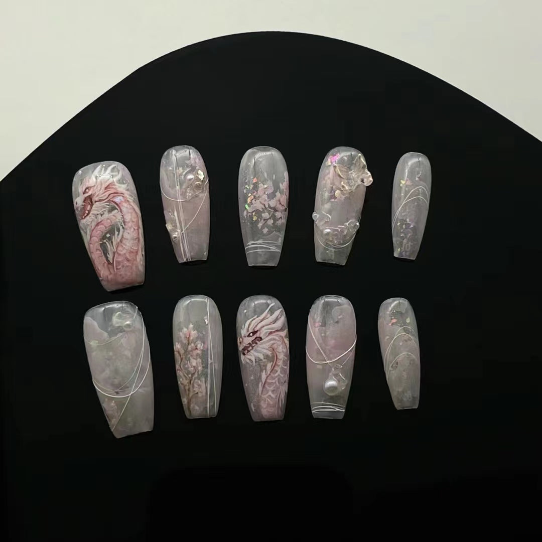 Customized Wearing Armor 2024 New Dragon Year Painted Pink Dragon New Year Nail