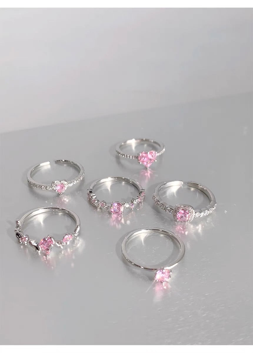 Cherry blossom pink ring six-piece set sweet flash diamond love gemstone butterfly ring