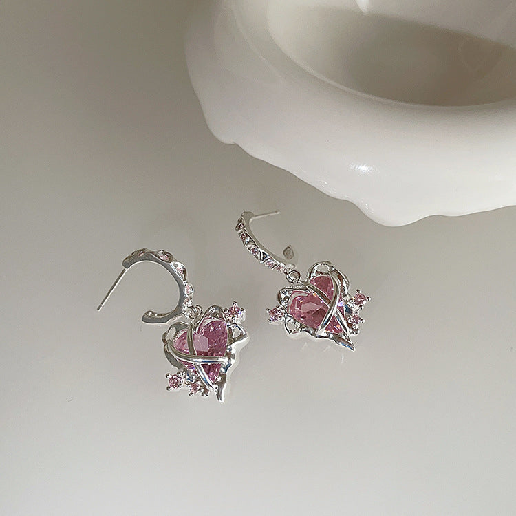 Irregular matte metal pink zircon love earrings women's niche design personalized versatile earrings