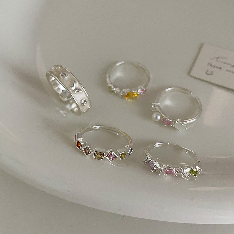 Pink zircon drip oil flower ring women's design niche sweet personality simple and versatile temperament ring ring