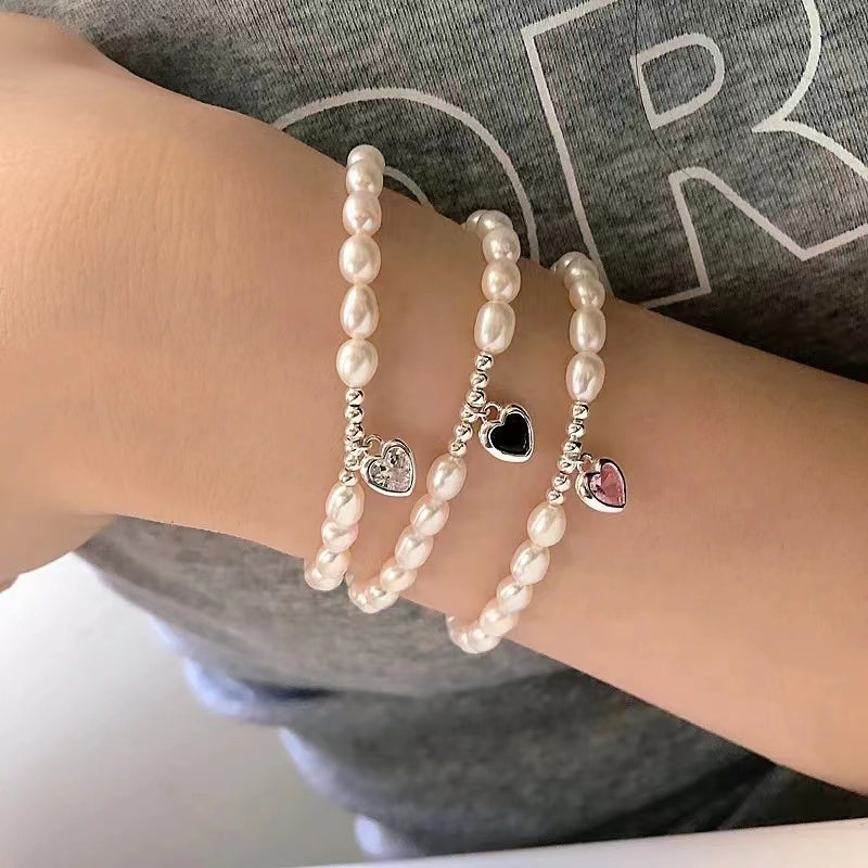 Handmade 925 sterling silver natural pearl bracelet women's zircon love niche design temperament versatile Internet celebrity trend