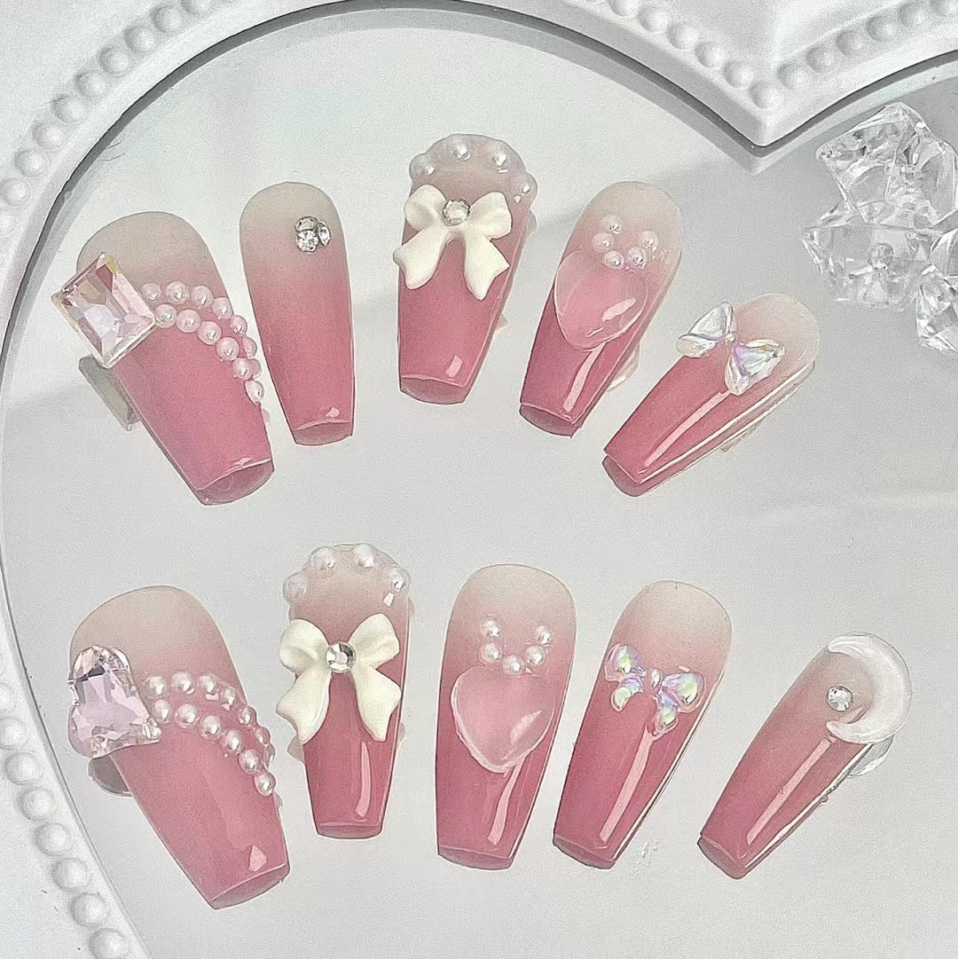 Handmade nail enhancement, wearing white armor, high-end feeling, bride armor, pink checkerboard pattern, love product, detachable wearing armor