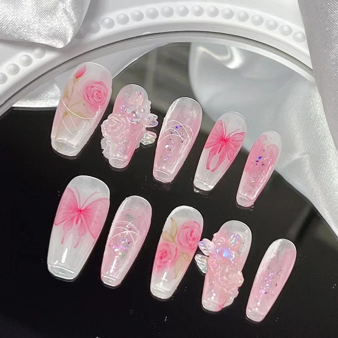 Vintage relief rose butterfly nail enhancement tomoni three-dimensional blue pink gradient wing nail