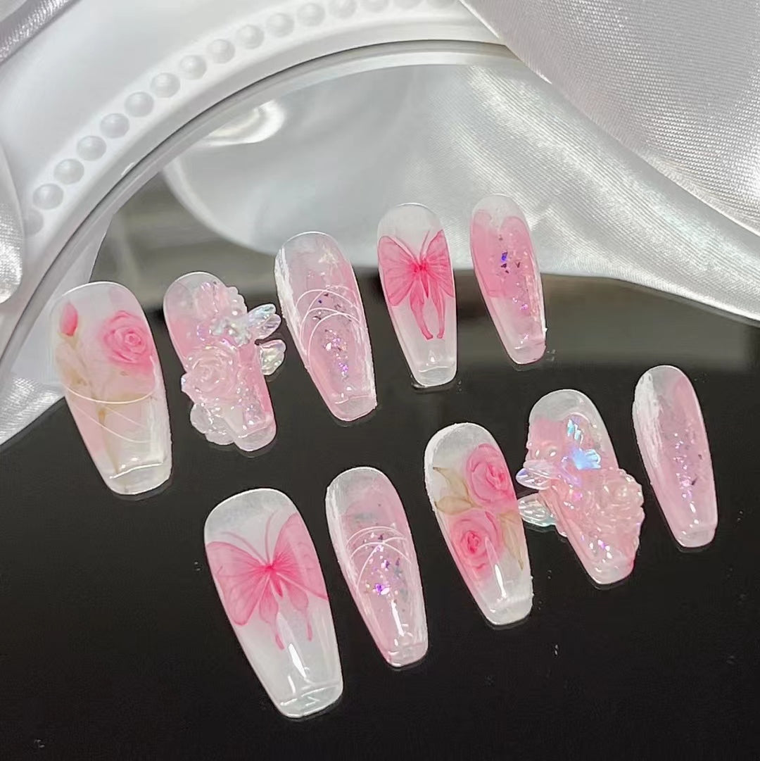 Vintage relief rose butterfly nail enhancement tomoni three-dimensional blue pink gradient wing nail
