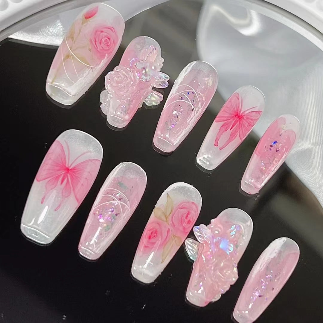 Vintage relief rose butterfly nail enhancement tomoni three-dimensional blue pink gradient wing nail