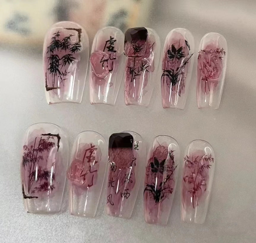 Mid length Ballet - Ink Chinese Style Flower Wearing Armor Autumn and Winter Gradual Halo Dye Nail Enhancement False Nail Patch