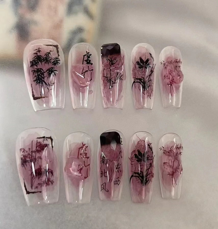 Mid length Ballet - Ink Chinese Style Flower Wearing Armor Autumn and Winter Gradual Halo Dye Nail Enhancement False Nail Patch