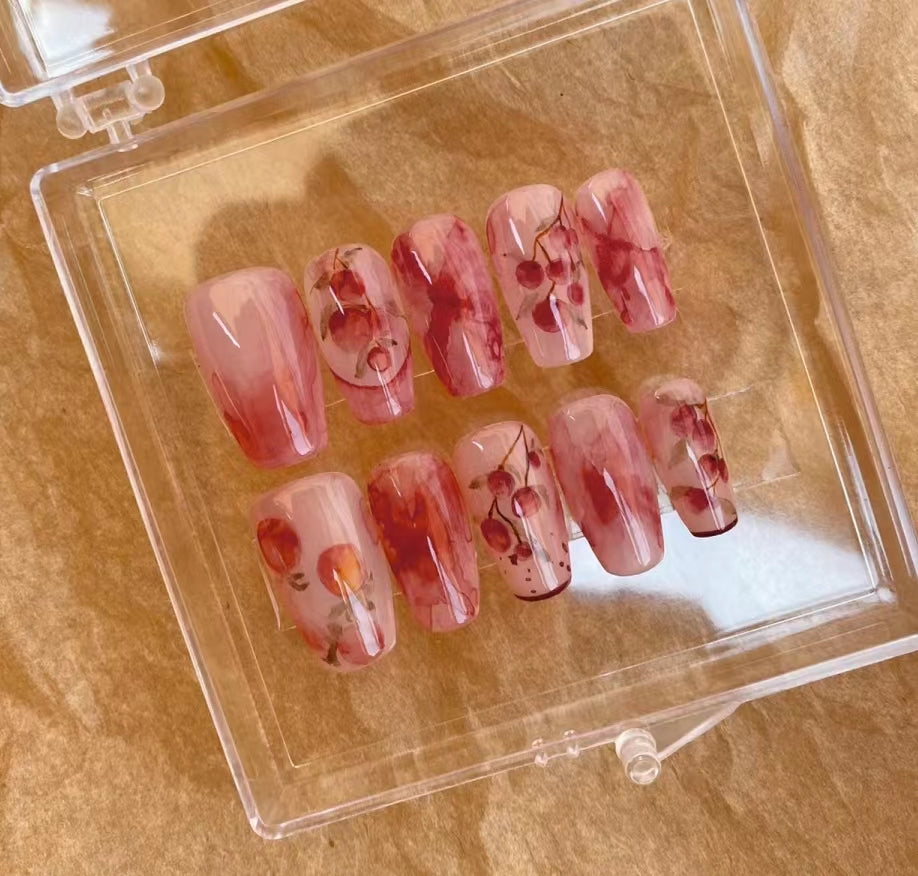 Xiaohongshu's popular hand-painted sweet black plum jam cherry cute style nail enhancement product