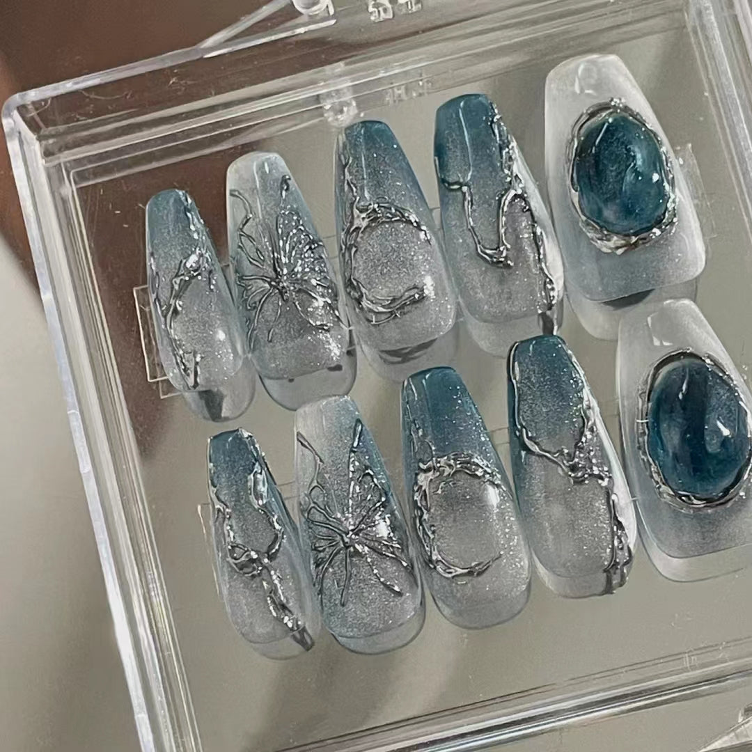 Wearing Nail Handmade Customization Wearable Finished Nail Enhancement Detachable Blue Y2K New Chinese Style Traditional Chinese Style