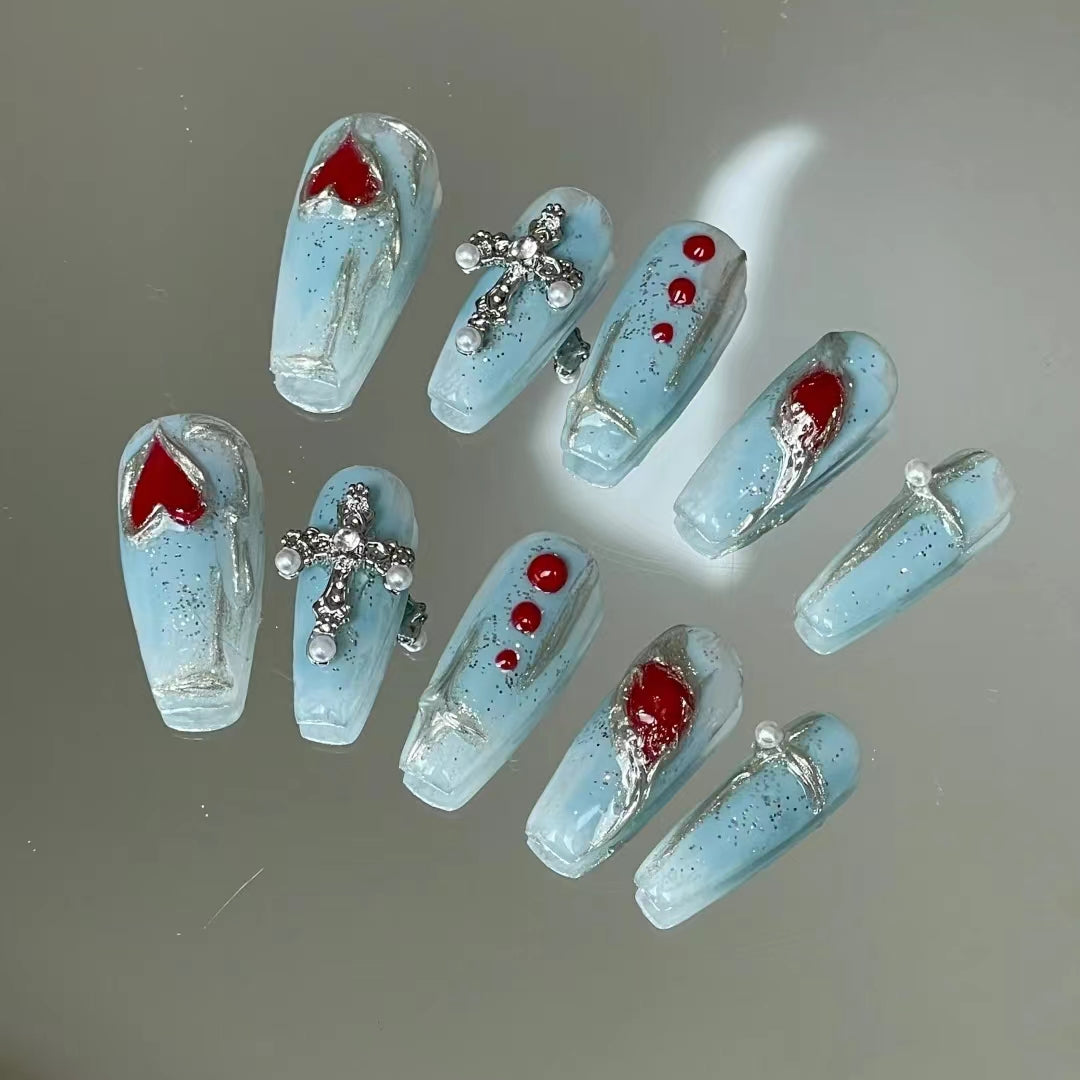 Blue handmade wearing nails, love diamond nail enhancement products, medium and long handmade phototherapy nail patches, whitening