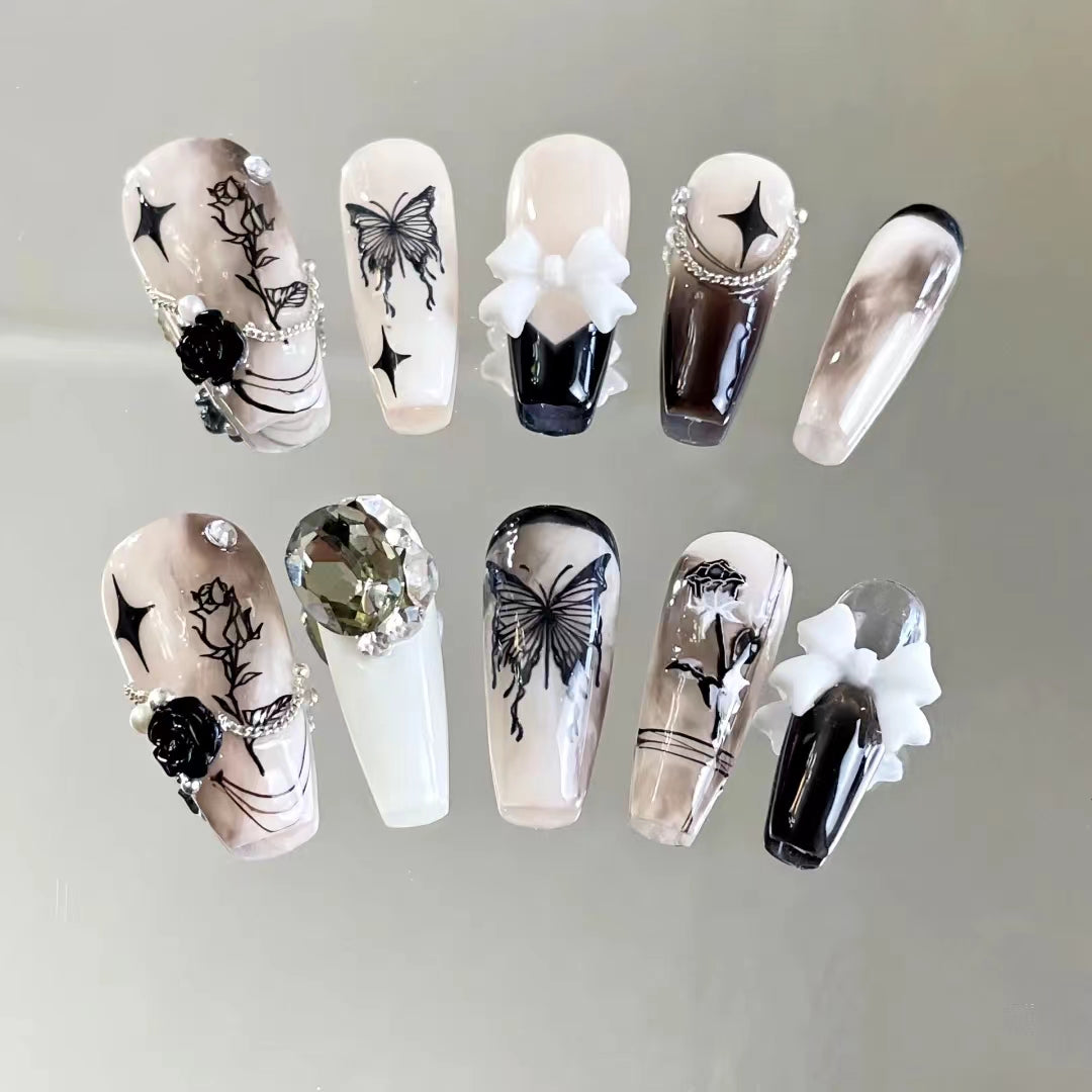 Wearing pure handmade customized black French pearl bow, finished nail plate, nail enhancement tool, sweet niche