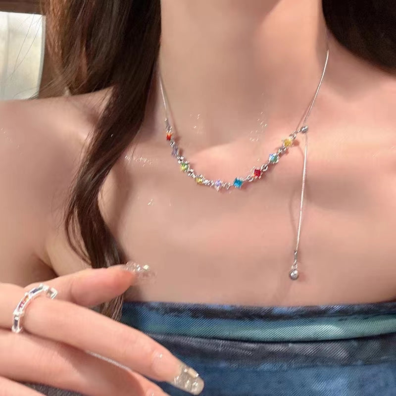 Rainbow Crushed Stone Necklace Light Luxury Small Crowd 2023 New Adjustable Collar Chain with Advanced Sense Sweet Neckchain Women's Trend