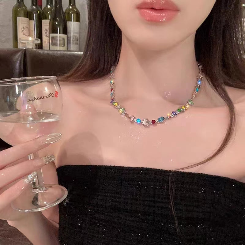 Sunset Party~Candy Colorful Crystal Necklace Light Luxury Crowd 2023 New Popular Collar Chain Neckchain Female
