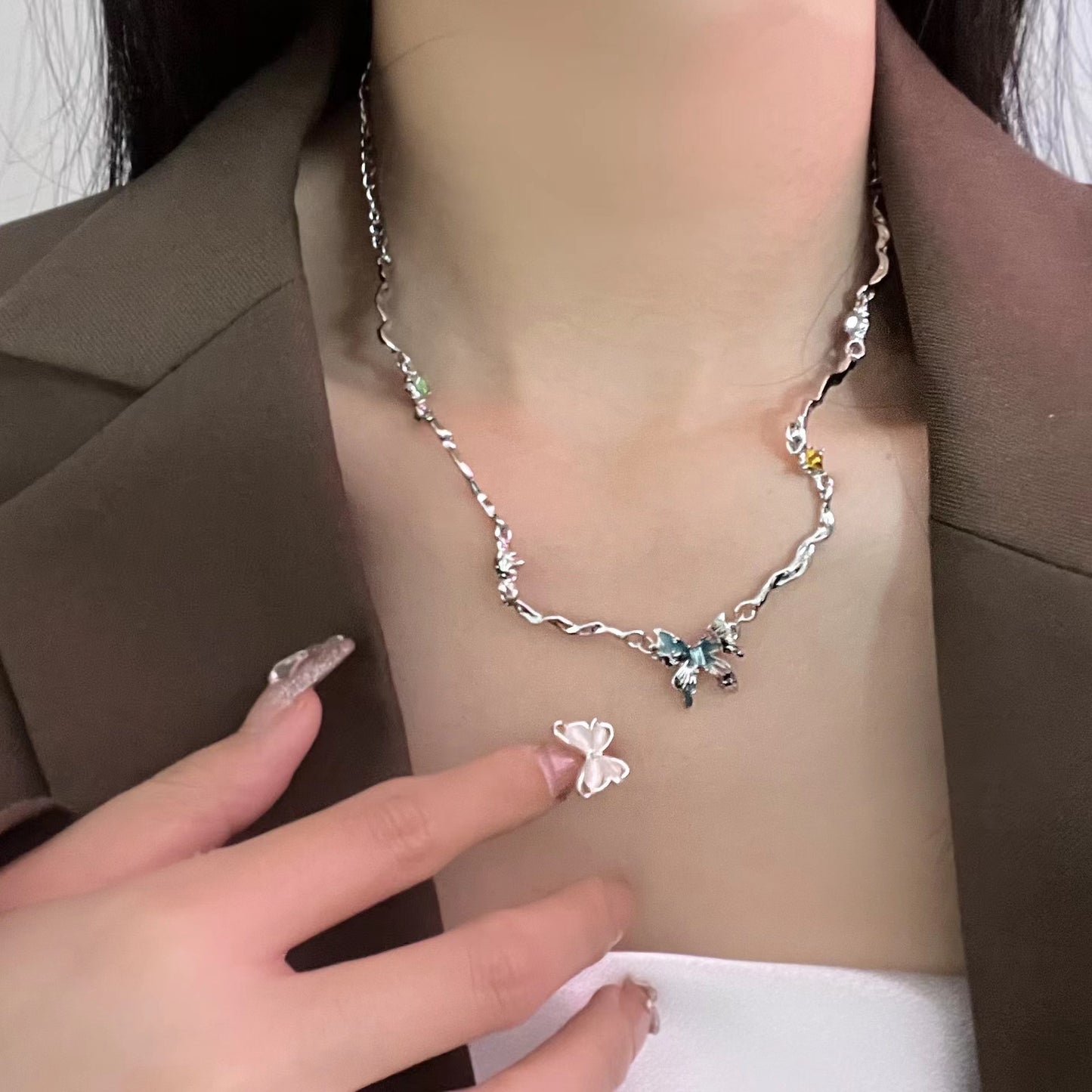 Glacier Butterfly Tassel Splice Necklace, Female Minority Personality, Japanese and Korean Fashion 2023 New Accessories Ring Bracelet