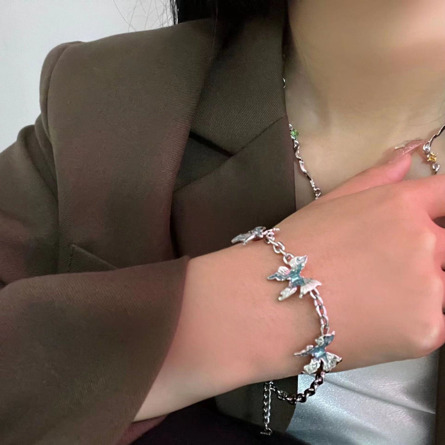 Glacier Butterfly Tassel Splice Necklace, Female Minority Personality, Japanese and Korean Fashion 2023 New Accessories Ring Bracelet