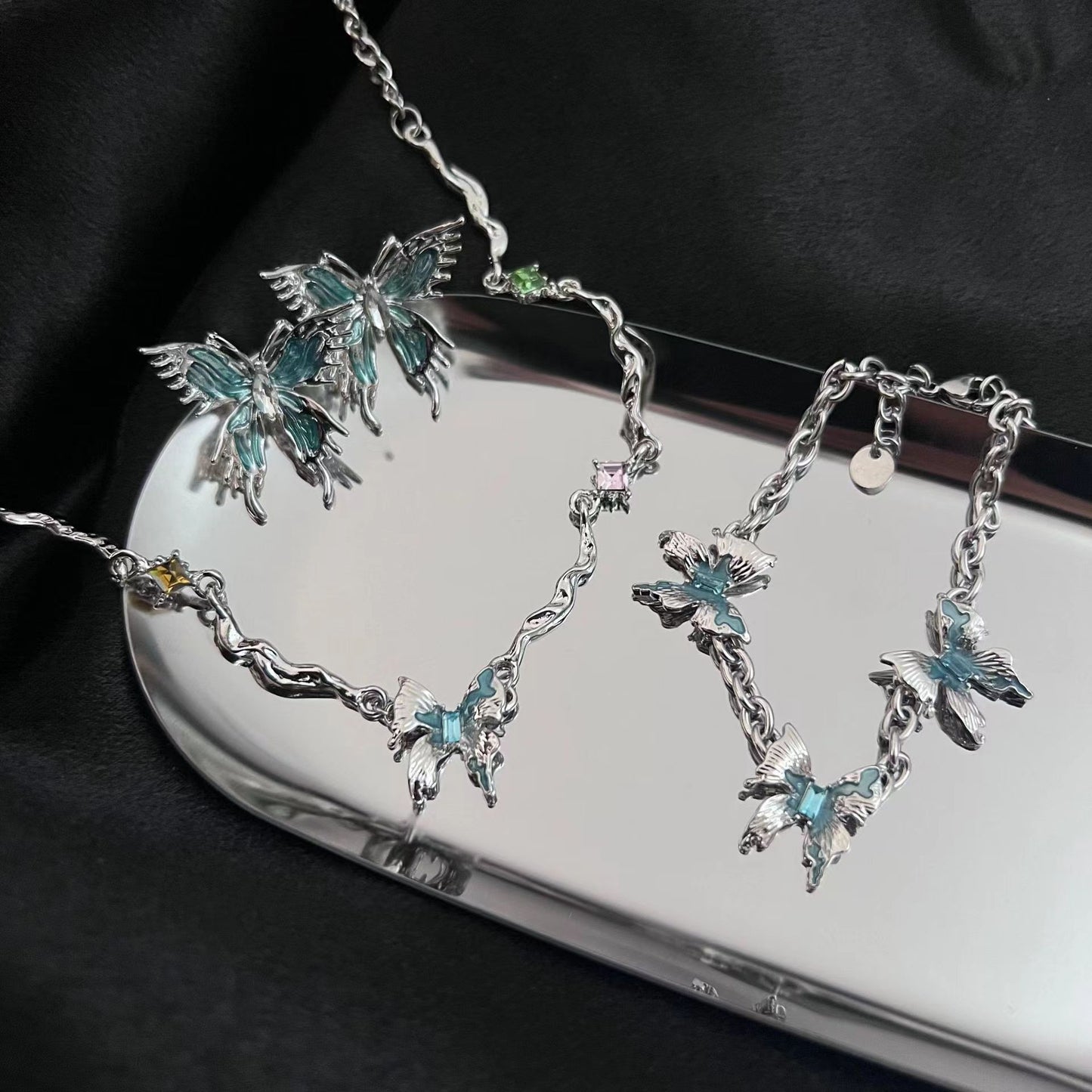Glacier Butterfly Tassel Splice Necklace, Female Minority Personality, Japanese and Korean Fashion 2023 New Accessories Ring Bracelet