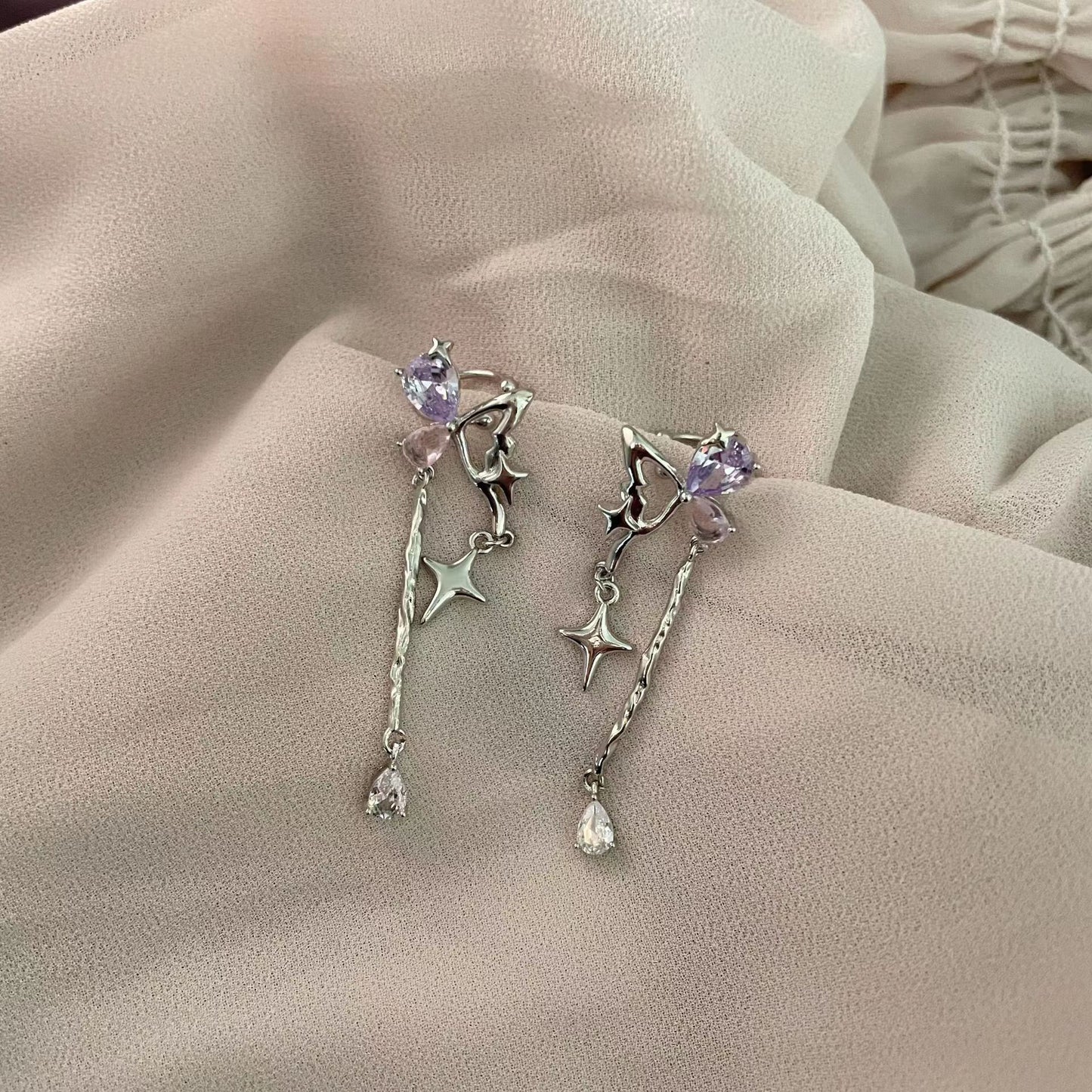 Sweetheart Butterfly Crystal Earbone Clip Tassel Small Elf Ear Clip Female Earrings Pink Girl Cross Necklace