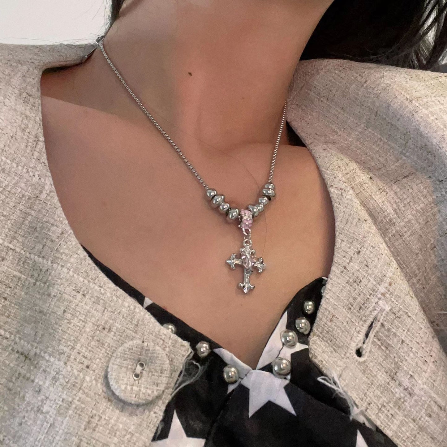 Sweetheart Butterfly Crystal Earbone Clip Tassel Small Elf Ear Clip Female Earrings Pink Girl Cross Necklace
