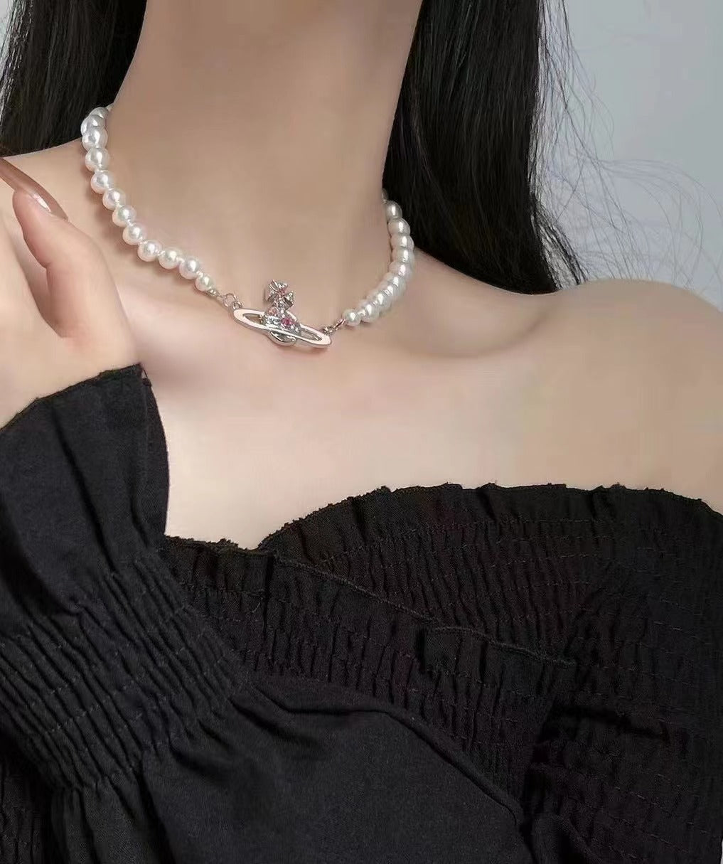 Queen Mother Vivian Vivienne Pink Paint Saturn Pearl Necklace Female Net Red Luxury Clavicle Chain