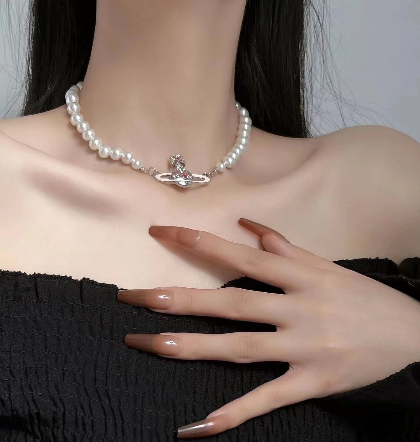 Queen Mother Vivian Vivienne Pink Paint Saturn Pearl Necklace Female Net Red Luxury Clavicle Chain