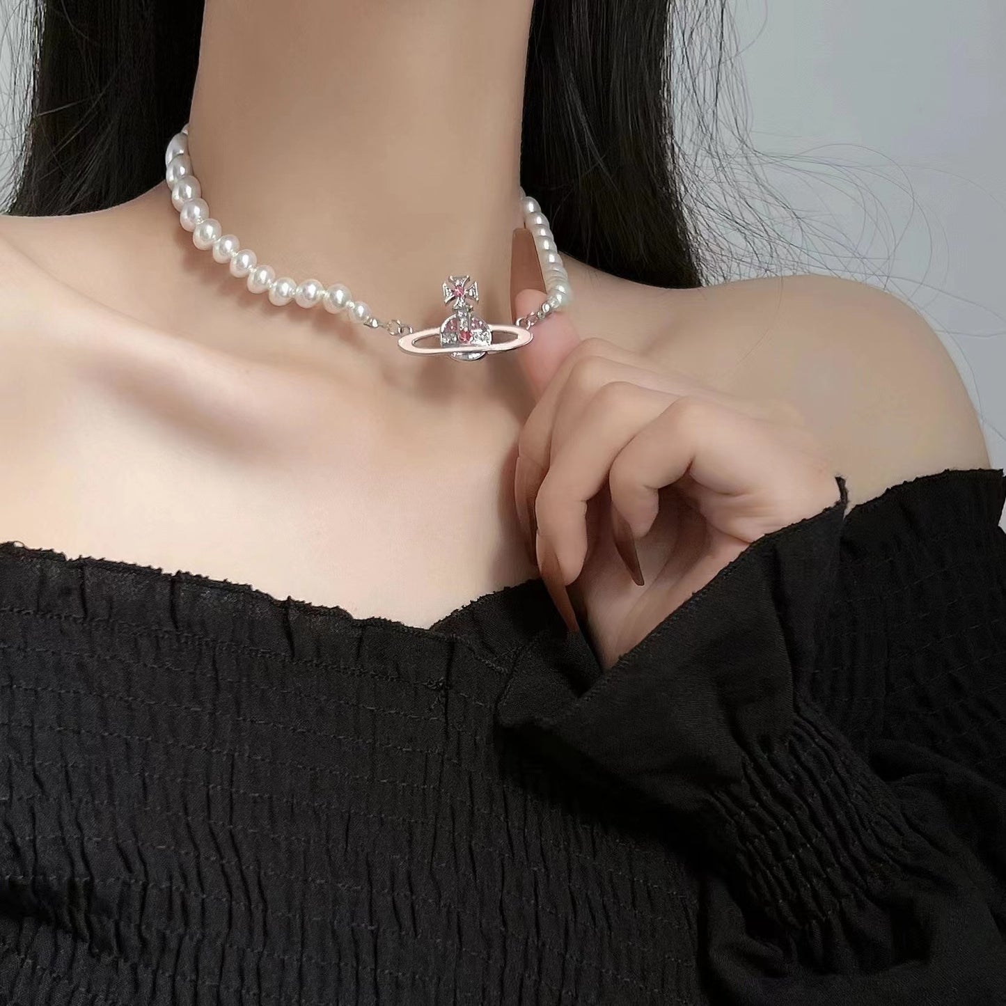 Queen Mother Vivian Vivienne Pink Paint Saturn Pearl Necklace Female Net Red Luxury Clavicle Chain