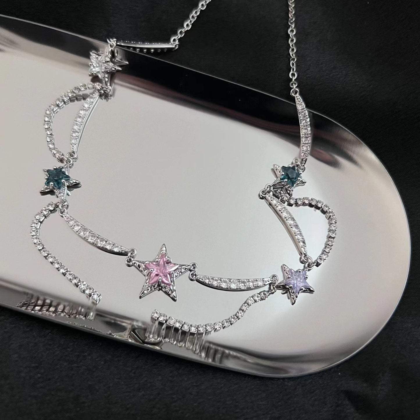 A Shadow Dream Tassel Long Style Micro Inlaid Zircon Retro Star Tassel Simple Collar Chain Fen Pink Girl Necklace