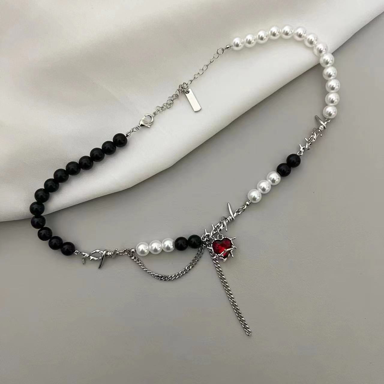 Sweet and Cool Dark Style Thorn Heart Ruby Pendant Pearl Chain Tassel Necklace Choker Premium Ear Feel
