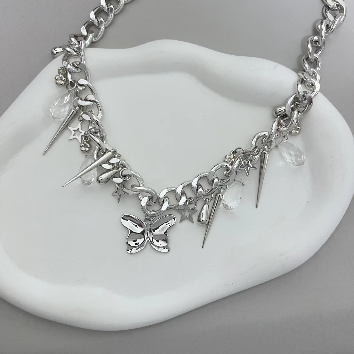 T Shackles Series Silver pentagram Multi layer Overlay Tassel Star Sequin Necklace Collar Chain Sweater Chain