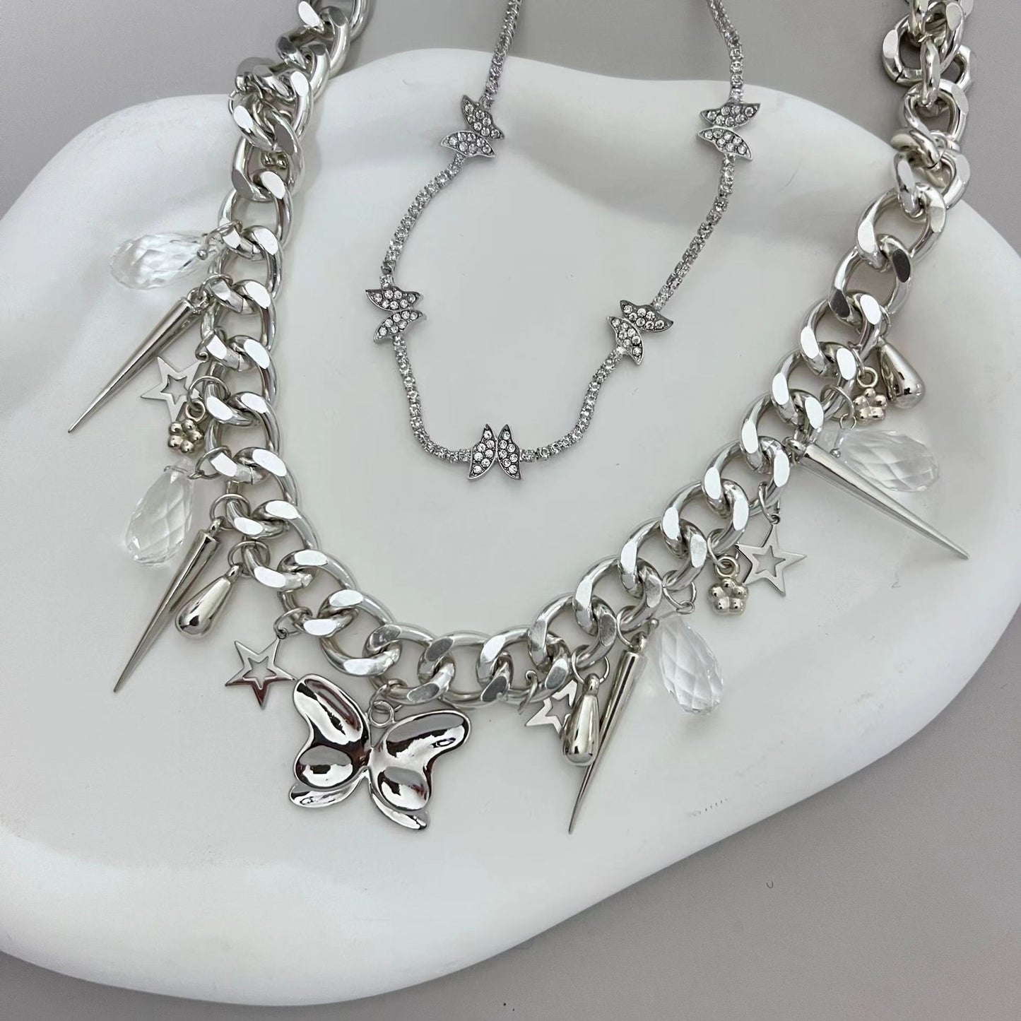 T Shackles Series Silver pentagram Multi layer Overlay Tassel Star Sequin Necklace Collar Chain Sweater Chain