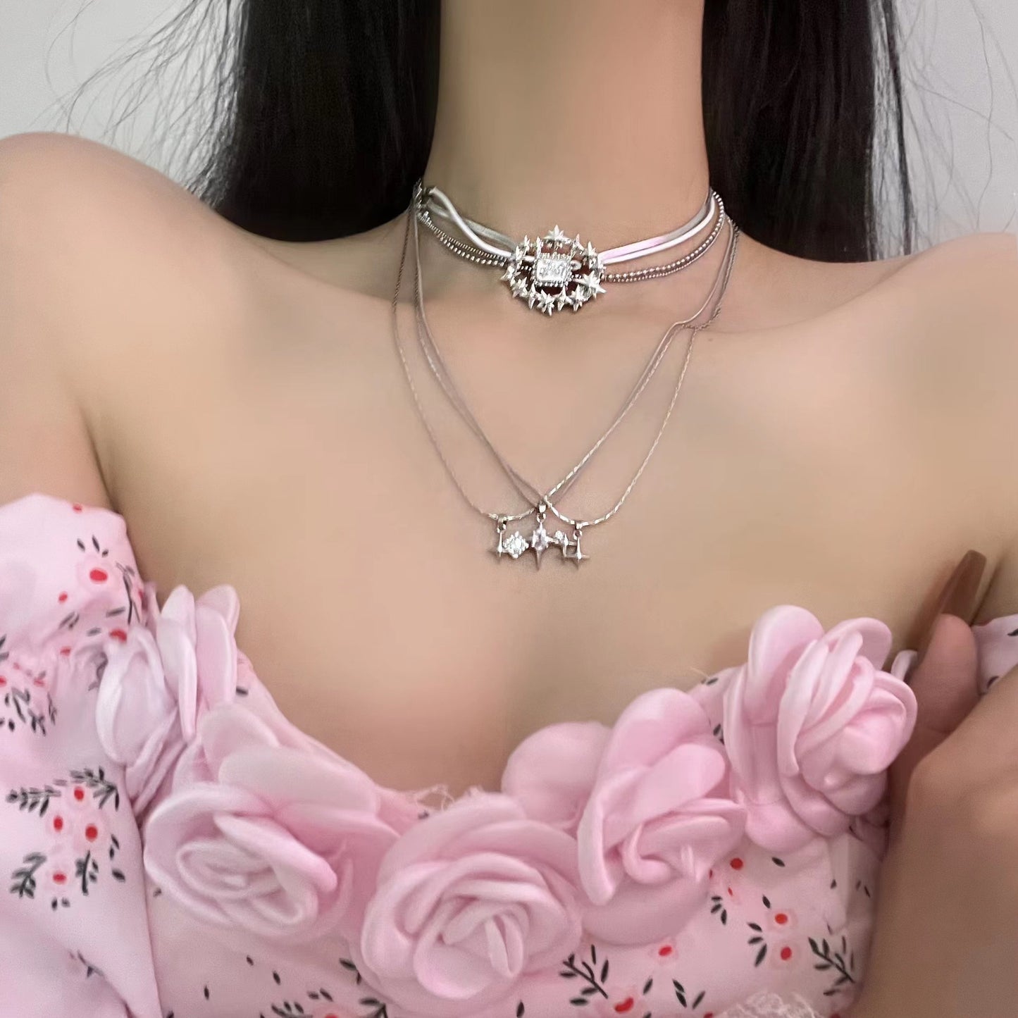 Y2K white diamond sweetheart choker necklace Spice girl sweet cool subculture Baroque retro niche senior design lock