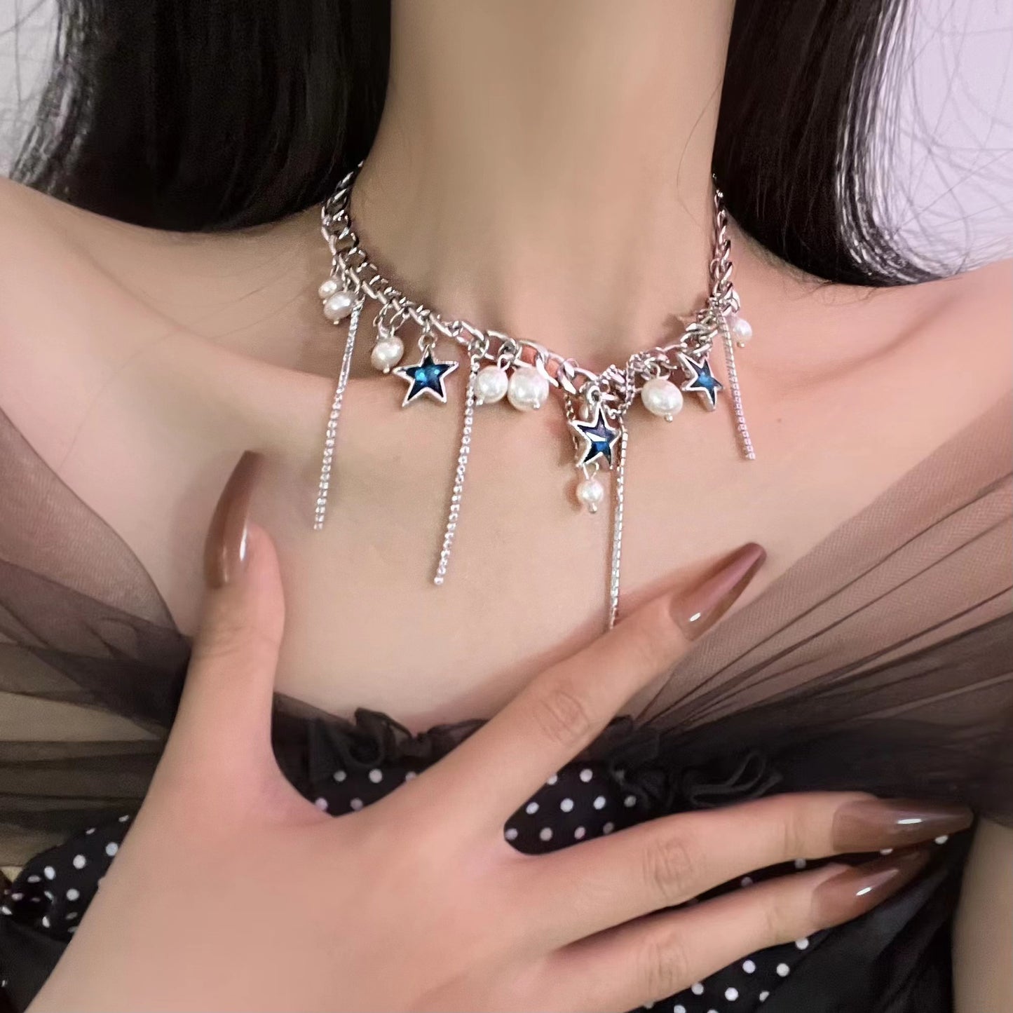 Sweet and cool blue ocean diamond pentagram design pearl tassel pendant cool fashion niche design necklace collarbone