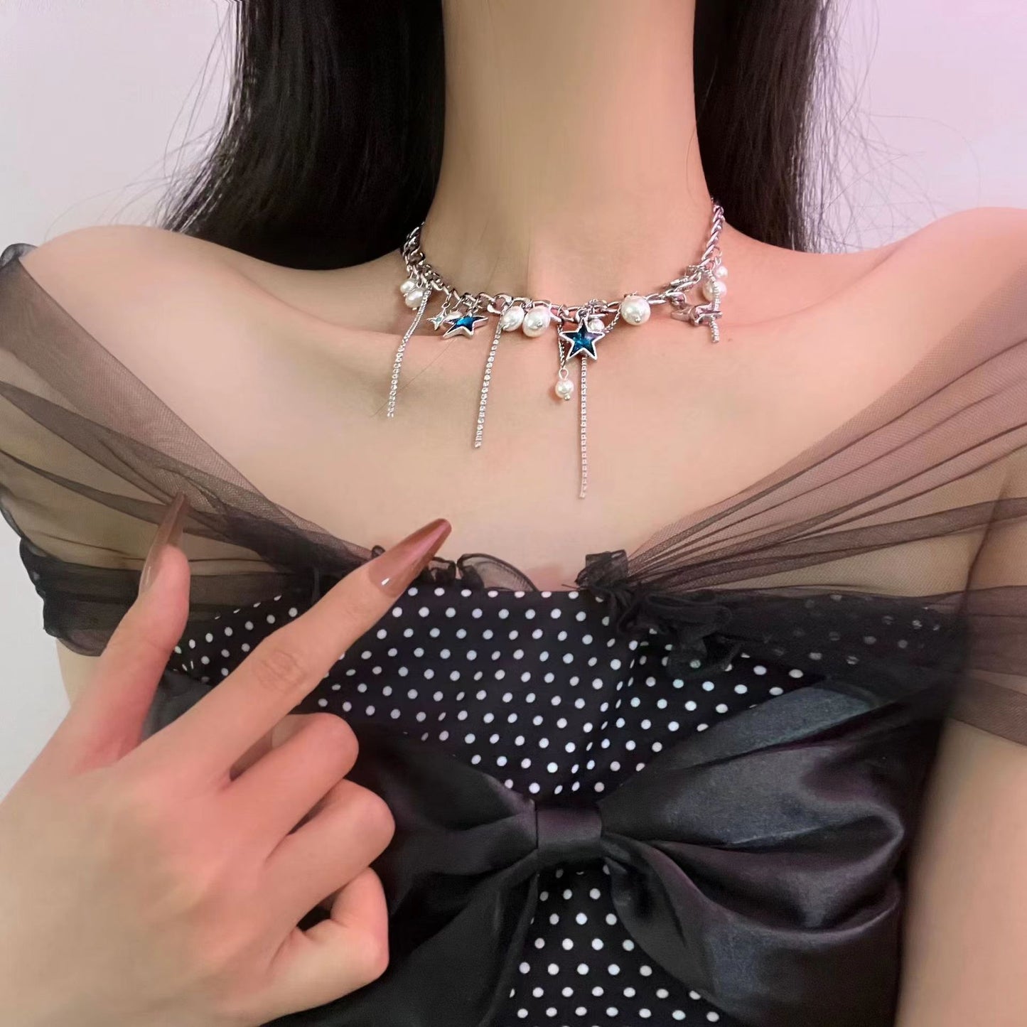 Sweet and cool blue ocean diamond pentagram design pearl tassel pendant cool fashion niche design necklace collarbone