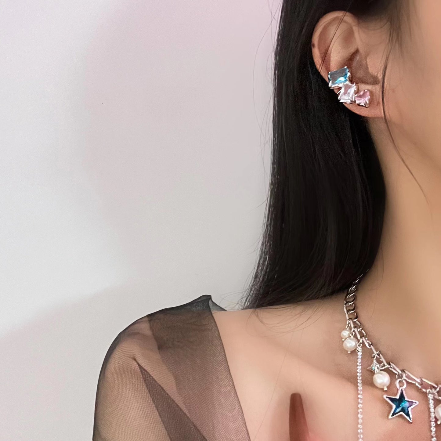 Sweet and cool blue ocean diamond pentagram design pearl tassel pendant cool fashion niche design necklace collarbone