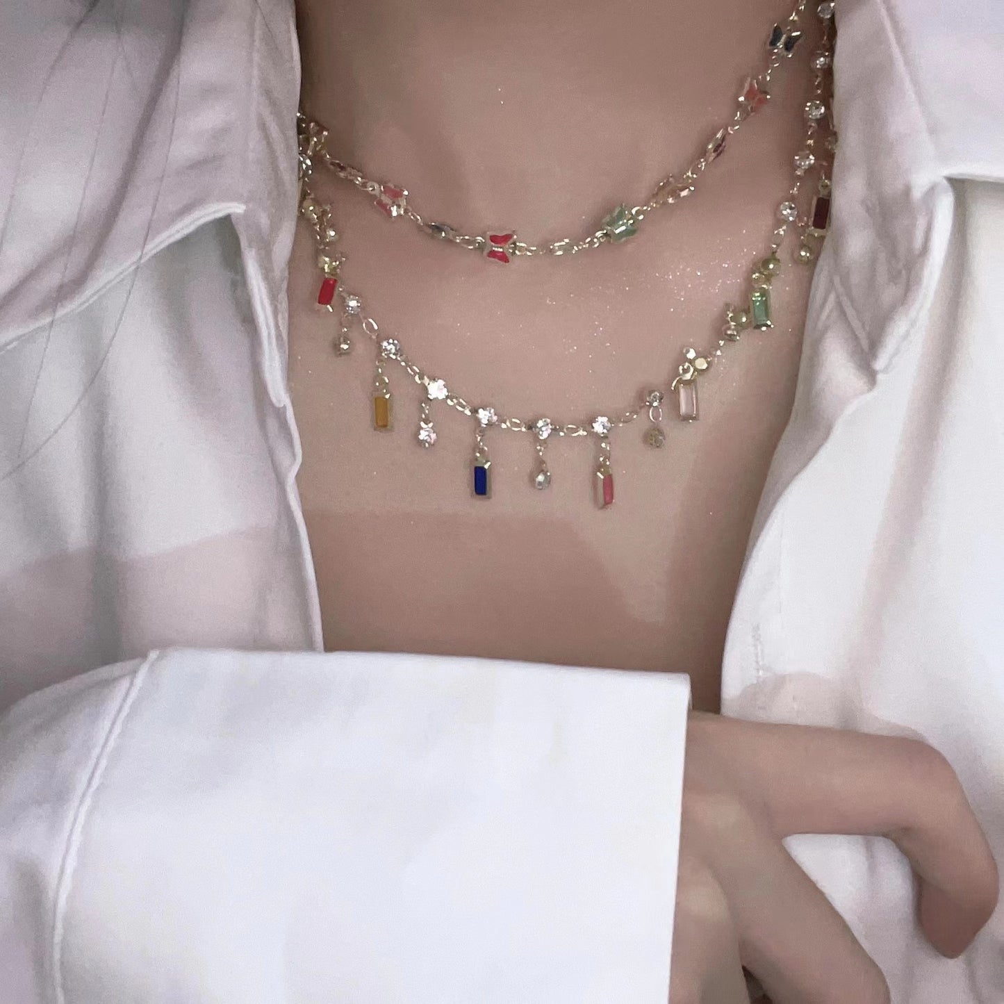 Mermaid Princess Advanced Colorful Crystal Butterfly Pendant Necklace with Light Luxury and Small Design Collar Chain Neckchain Accessories