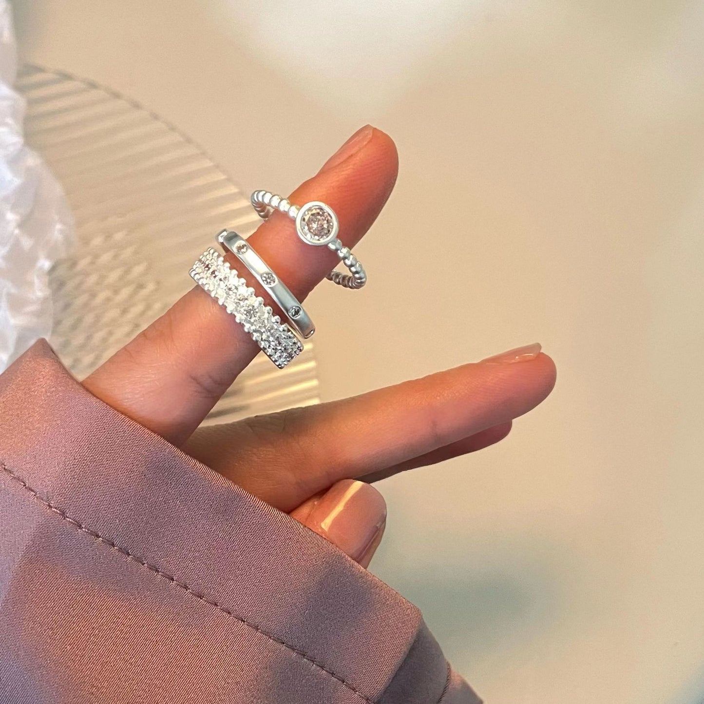 Plain Ring Zircon Metal Open Ring Set with Female Minority Design Advanced Sense Index Finger Ring Simple and Cool Style Ring