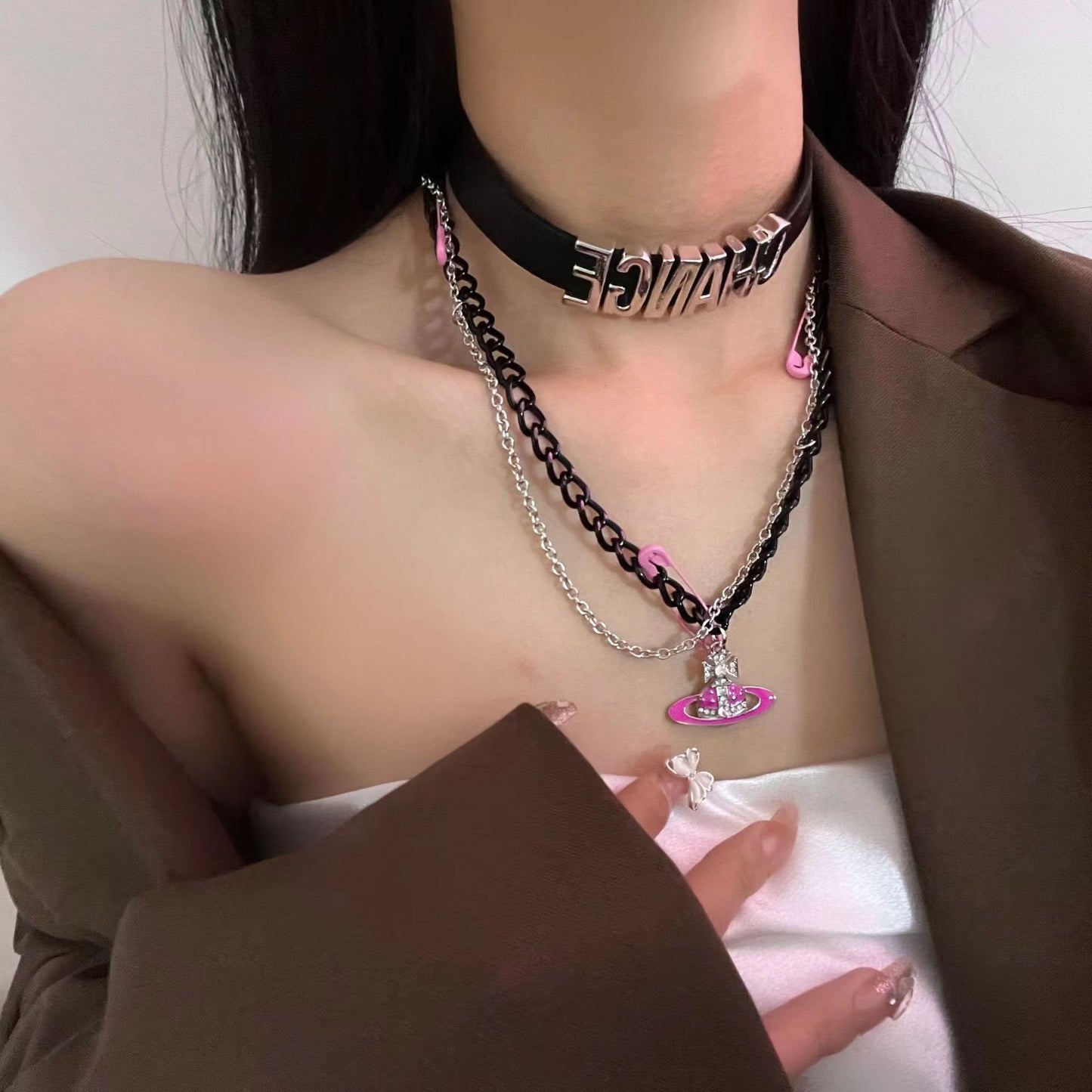 Saturn Black Letter Belt Chain Pin Rose Pink Butterfly Necklace Female Y2K Sweet Cool Spicy Girl Pendant Chain
