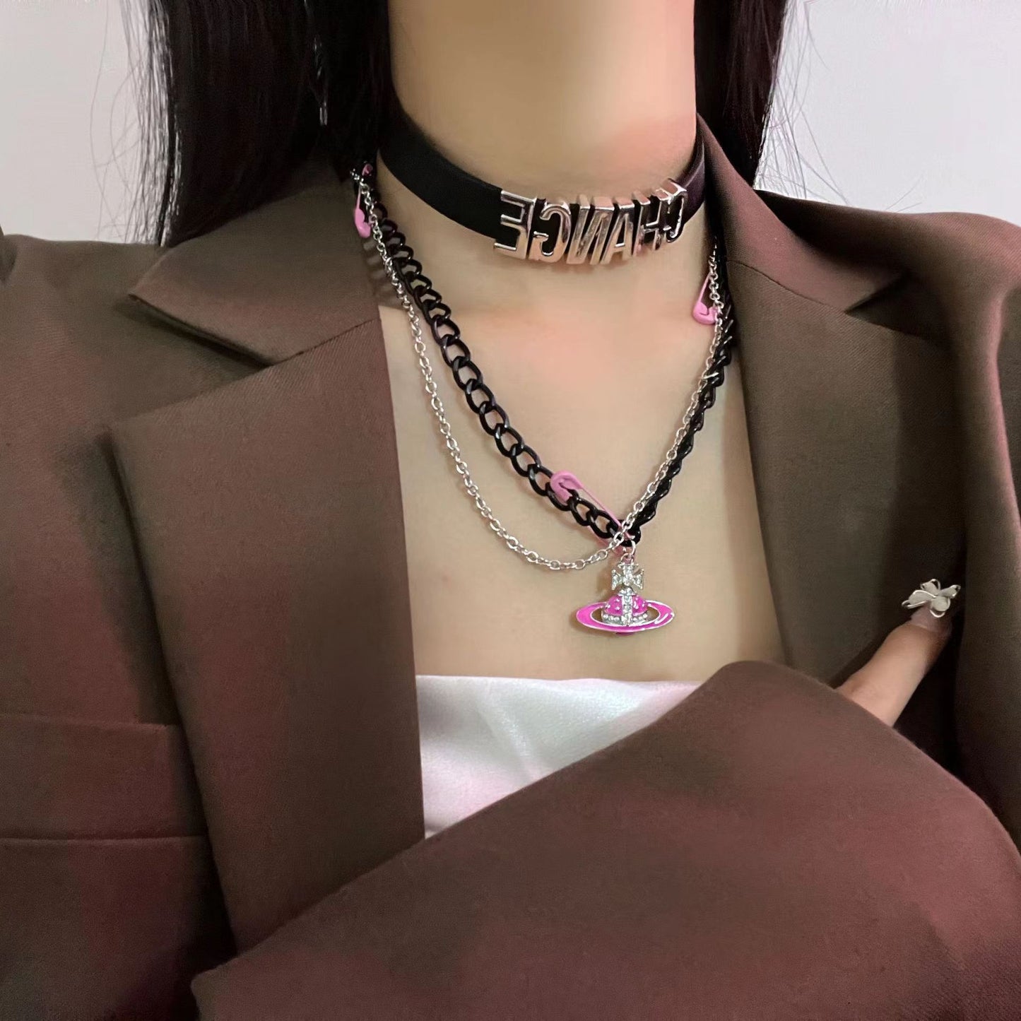 Saturn Black Letter Belt Chain Pin Rose Pink Butterfly Necklace Female Y2K Sweet Cool Spicy Girl Pendant Chain