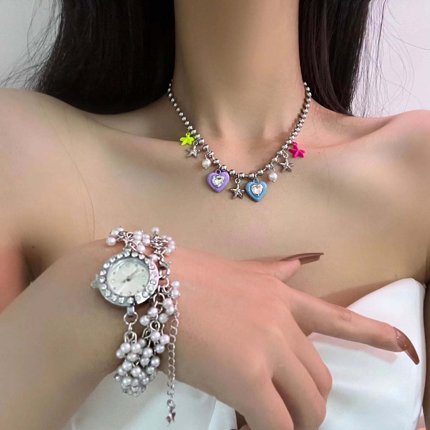 Pearl 2023 New Style Dial Zircon Necklace for Women's Light Luxury Small Crowd Collar Chain Crystal Gem Necklace Neckchain High