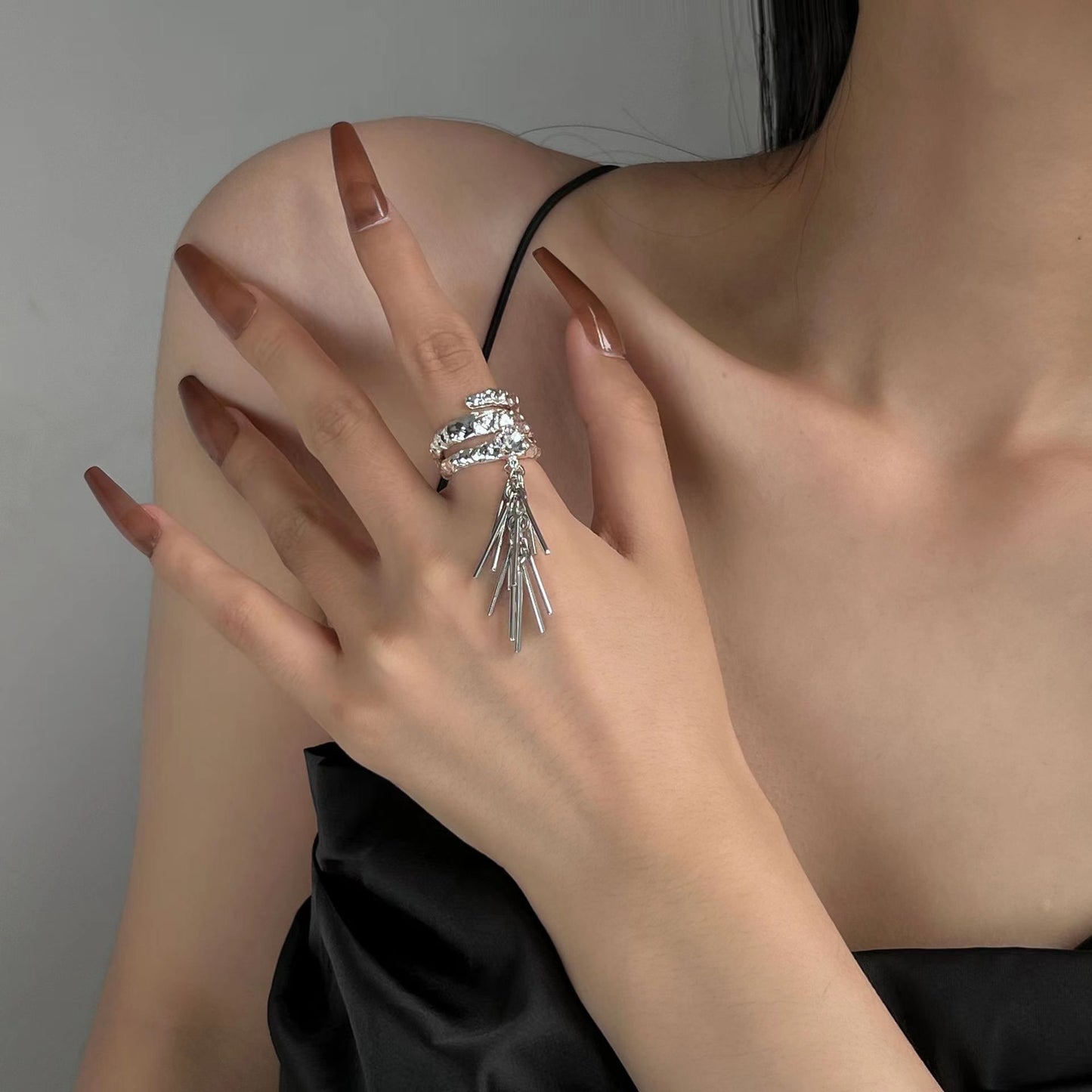 Tassel wheat ear ring niche design, ink and bamboo knot pearl opening feeling ring, female cold wind beaded finger