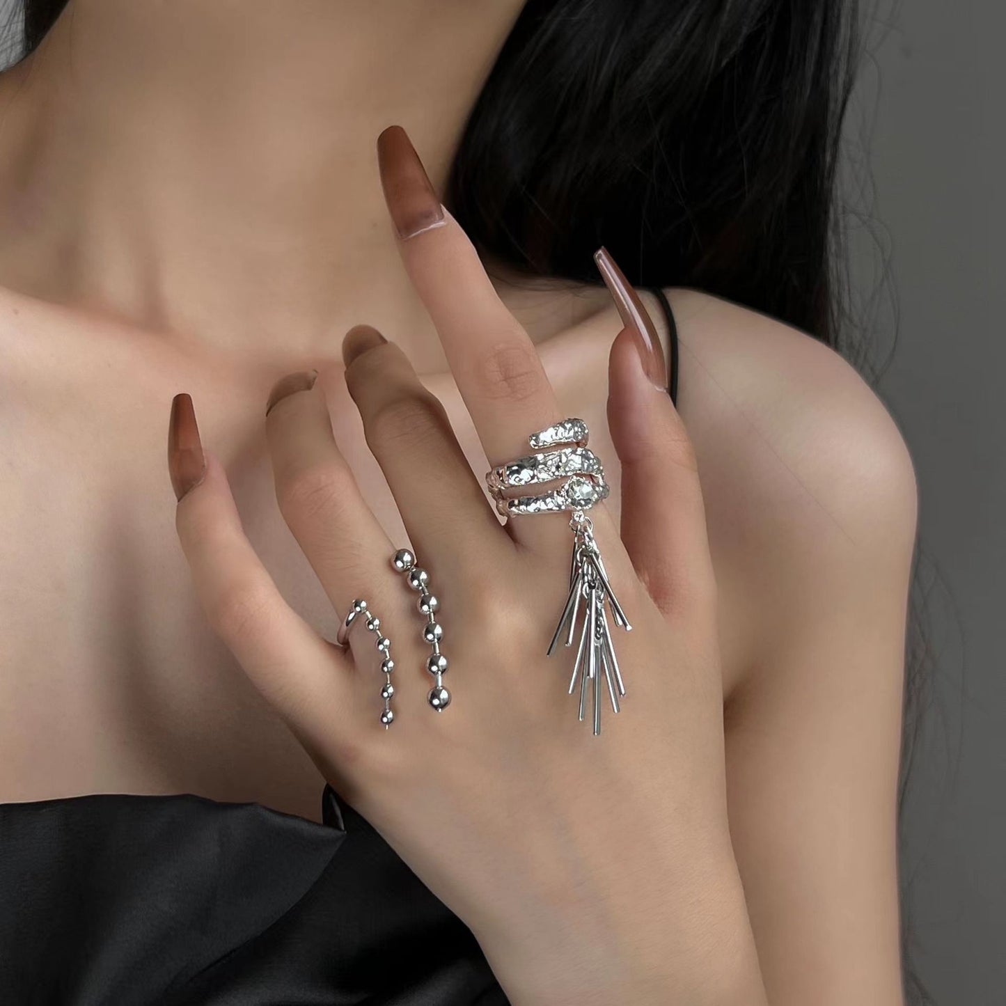 Tassel wheat ear ring niche design, ink and bamboo knot pearl opening feeling ring, female cold wind beaded finger