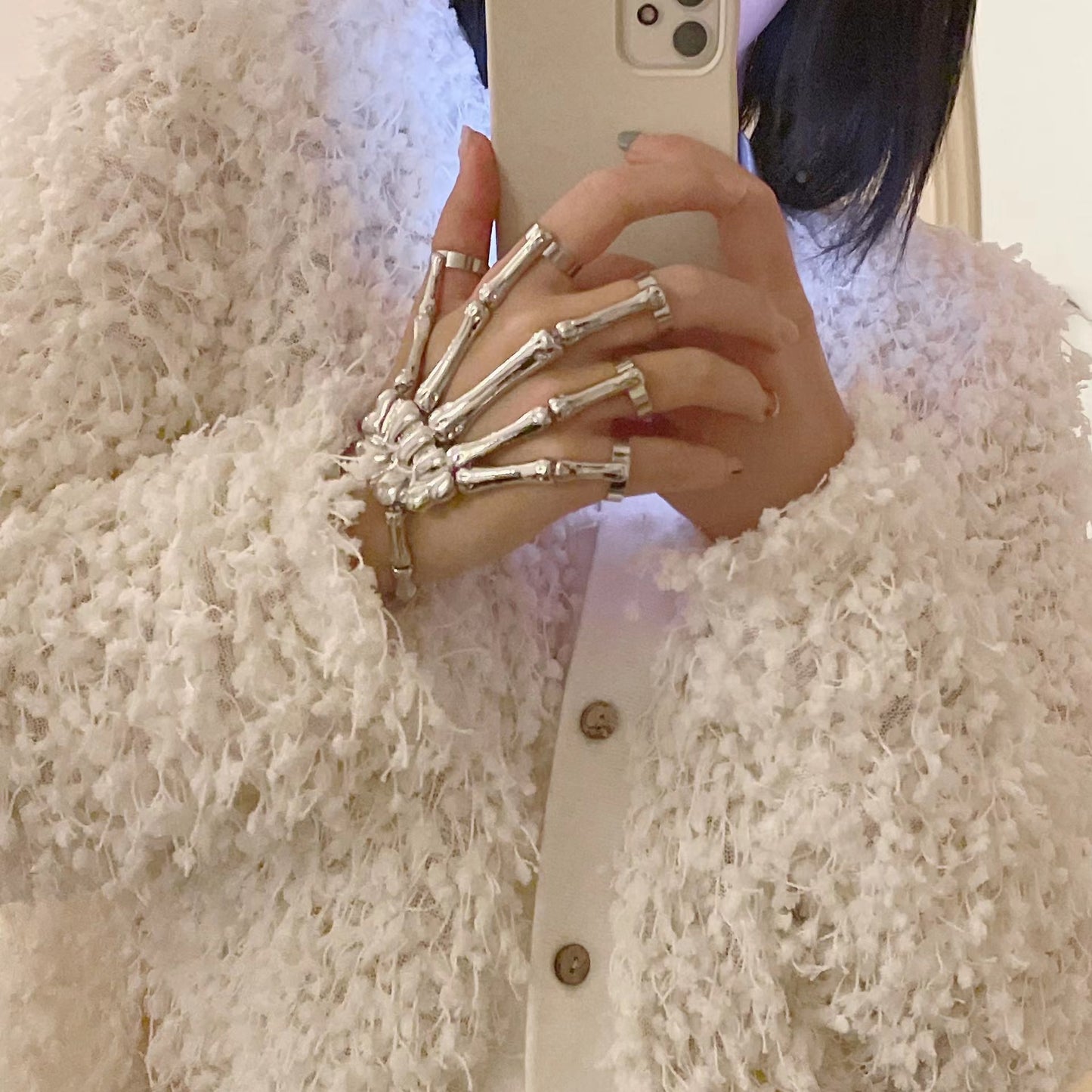 Skull Punk Style Silver Skeleton Bracelet Gloves INS Flexible and Adjustable Unisex Fit