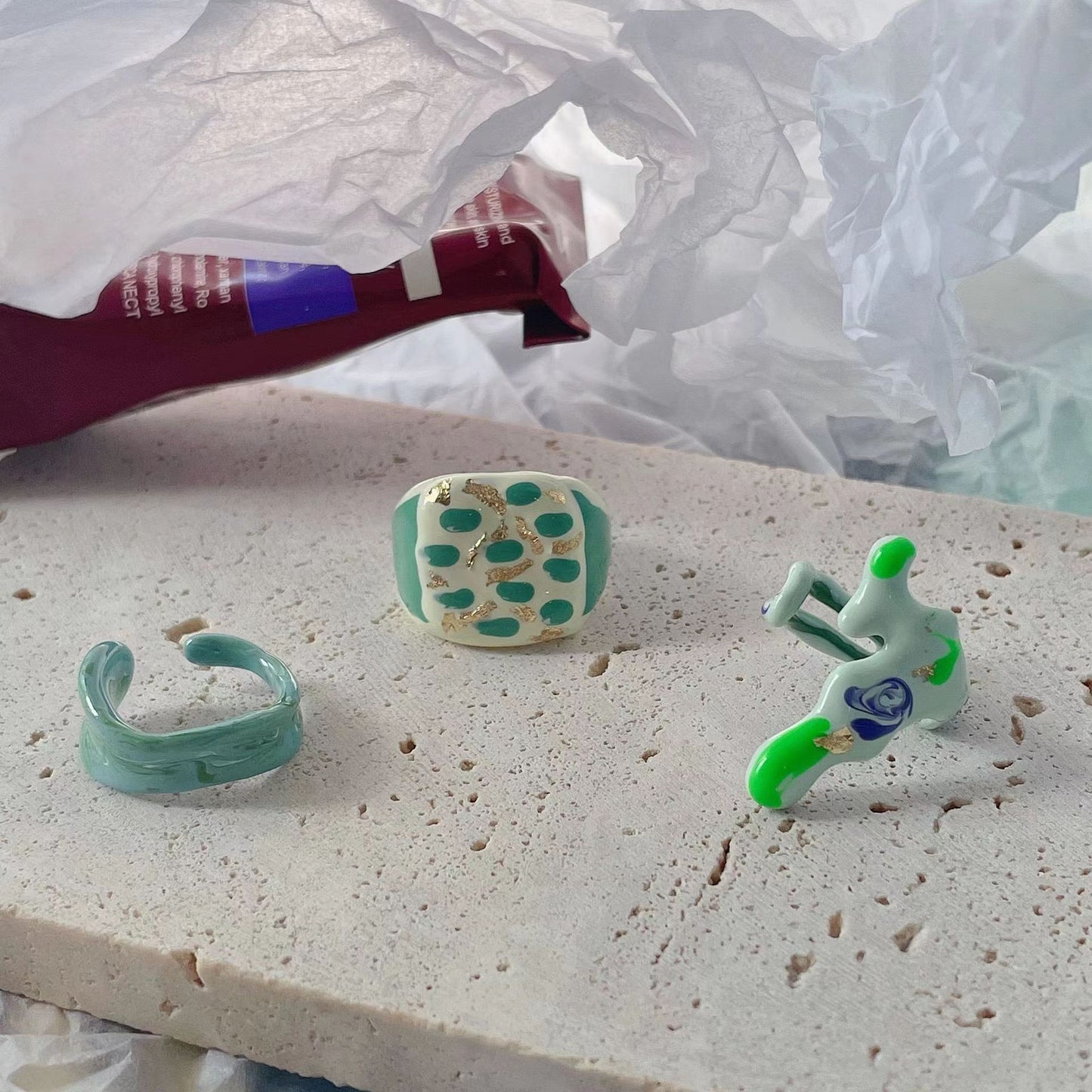 Splicing Ink Hand Drip Glaze Ring with Small Design Sense Checkerboard Checker Cream Hand Drip Glaze Ring