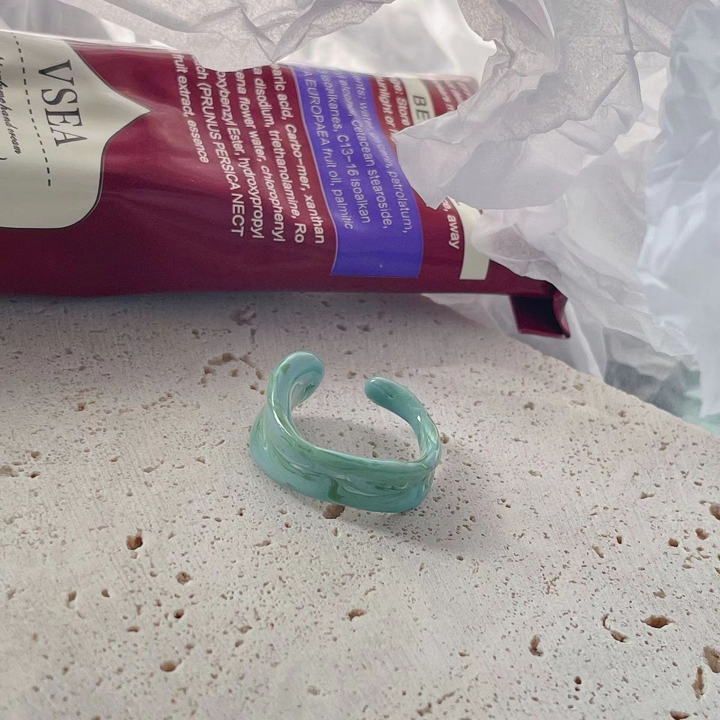 Splicing Ink Hand Drip Glaze Ring with Small Design Sense Checkerboard Checker Cream Hand Drip Glaze Ring