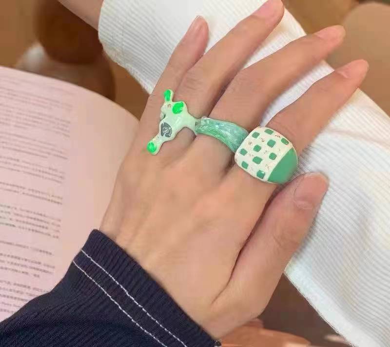 Splicing Ink Hand Drip Glaze Ring with Small Design Sense Checkerboard Checker Cream Hand Drip Glaze Ring